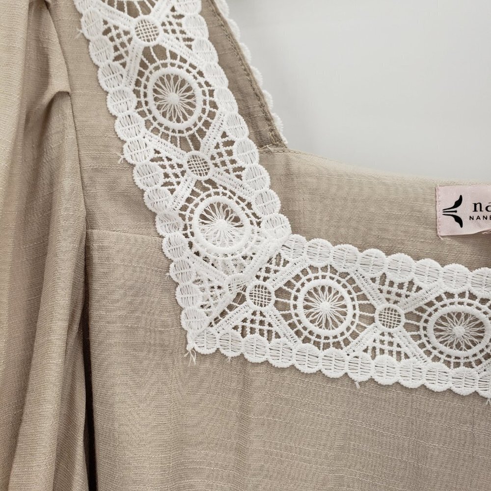 NANETTE LEPORE nwt Square Neck Crocheted Lace Top M Tan Light Stone Neutral Tone - Picture 5 of 10